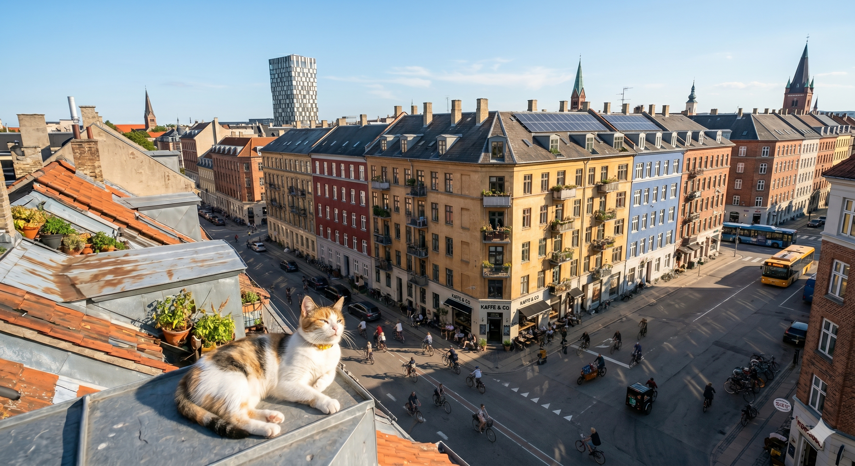 En kat der ligger i solen på et tag med udsigt over København